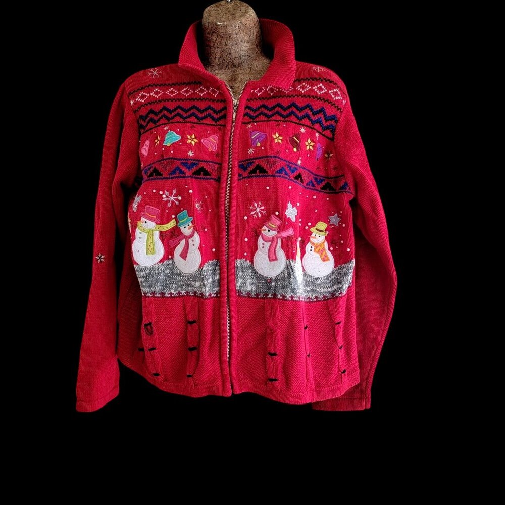 Vintage Red Christmas Snowman Knit Cardigan Sweater Womens Zip Up Holiday Winter